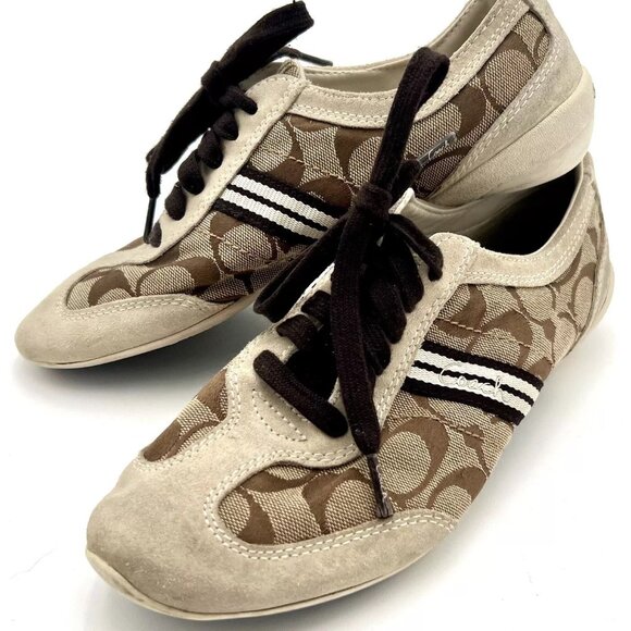 COACH Beyla Womens Size 9.5M Brown/Ivory Jacquard Lace Up Sneakers A1760 - Picture 1 of 5
